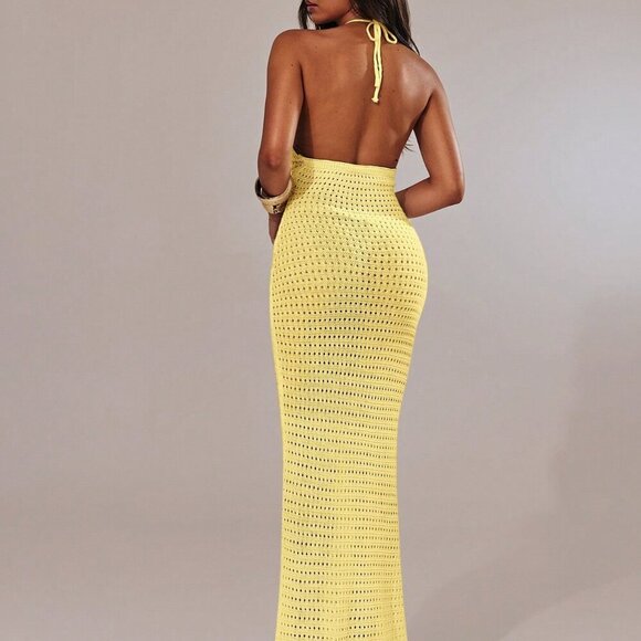 Yellow Sexy Women's Hollow-Out Floral Decor Halter Knitted Vacation Dress - Picture 2 of 8